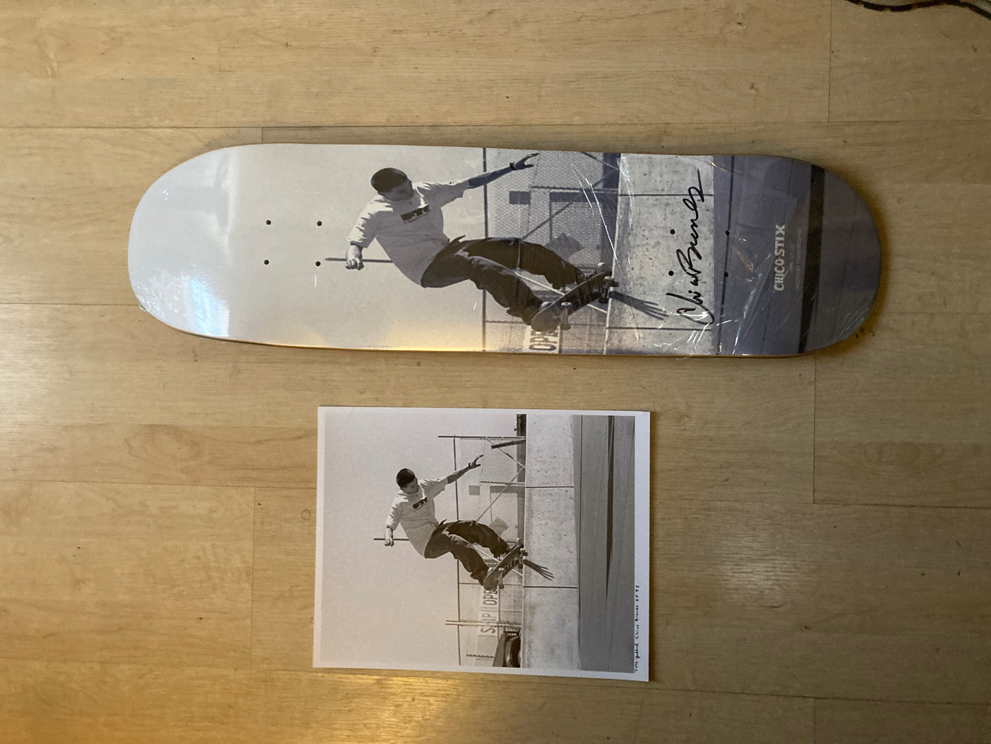 Chico Stix X Tobin Yelland Skateboard - (pink seewood) signed by Tobin and Chico with Print