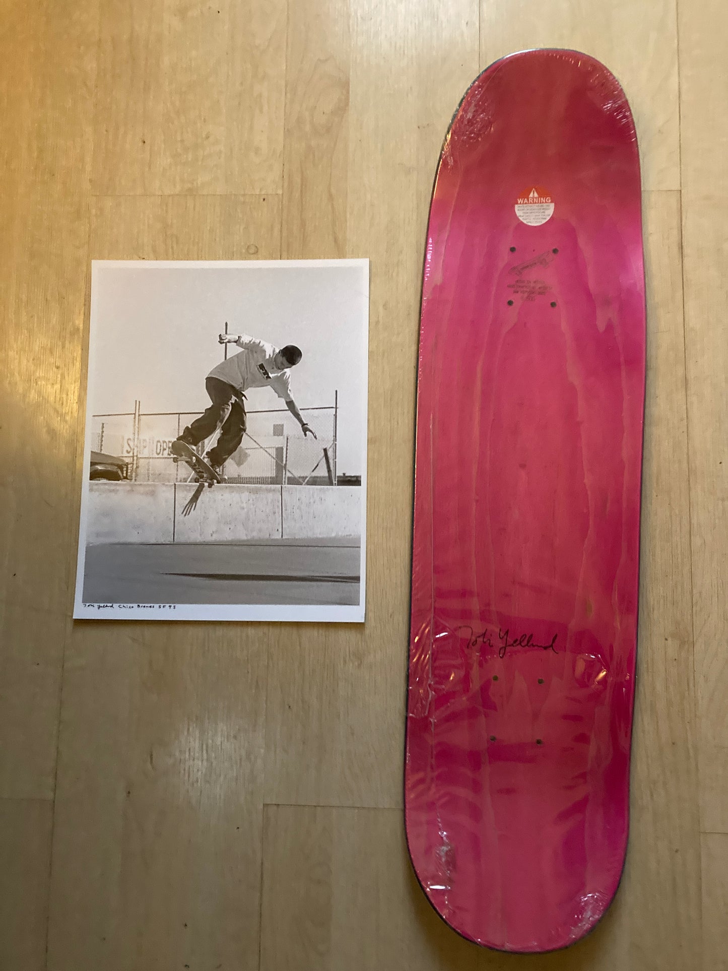 Chico Stix X Tobin Yelland Skateboard - (pink seewood) signed by Tobin and Chico with Print