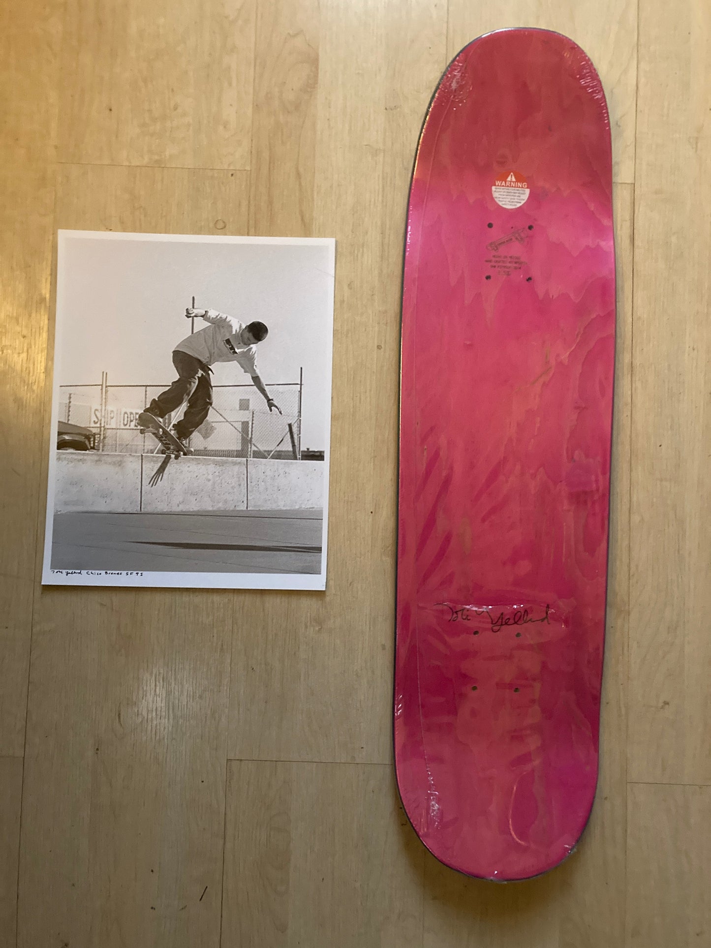 Chico Stix X Tobin Yelland Skateboard - (pink seewood) signed by Tobin and Chico with Print