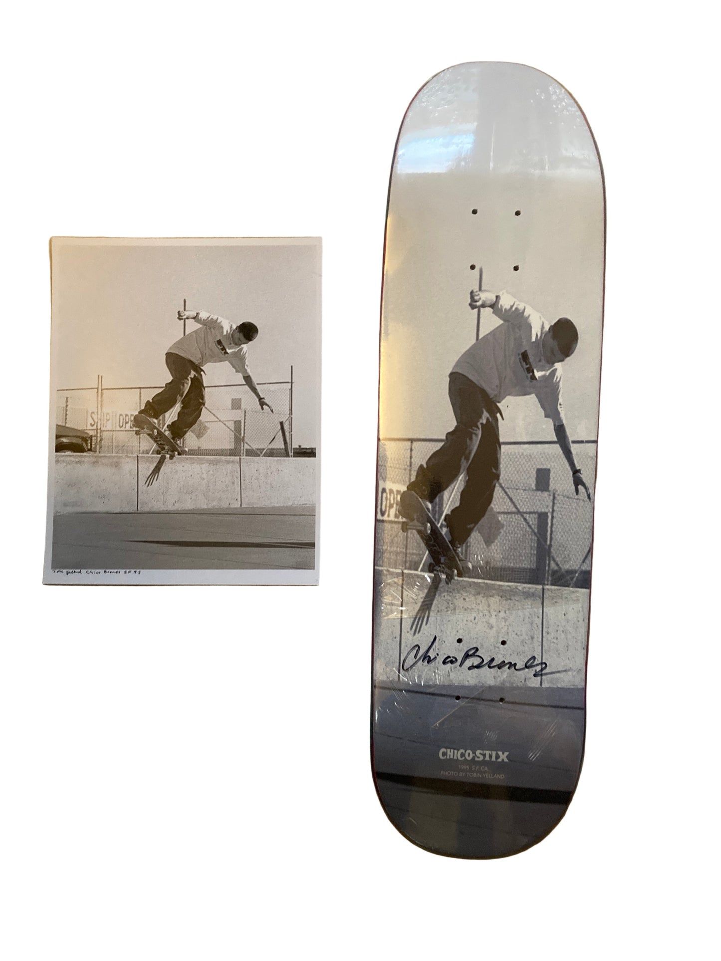 Chico Stix X Tobin Yelland Skateboard - (pink seewood) signed by Tobin and Chico with Print